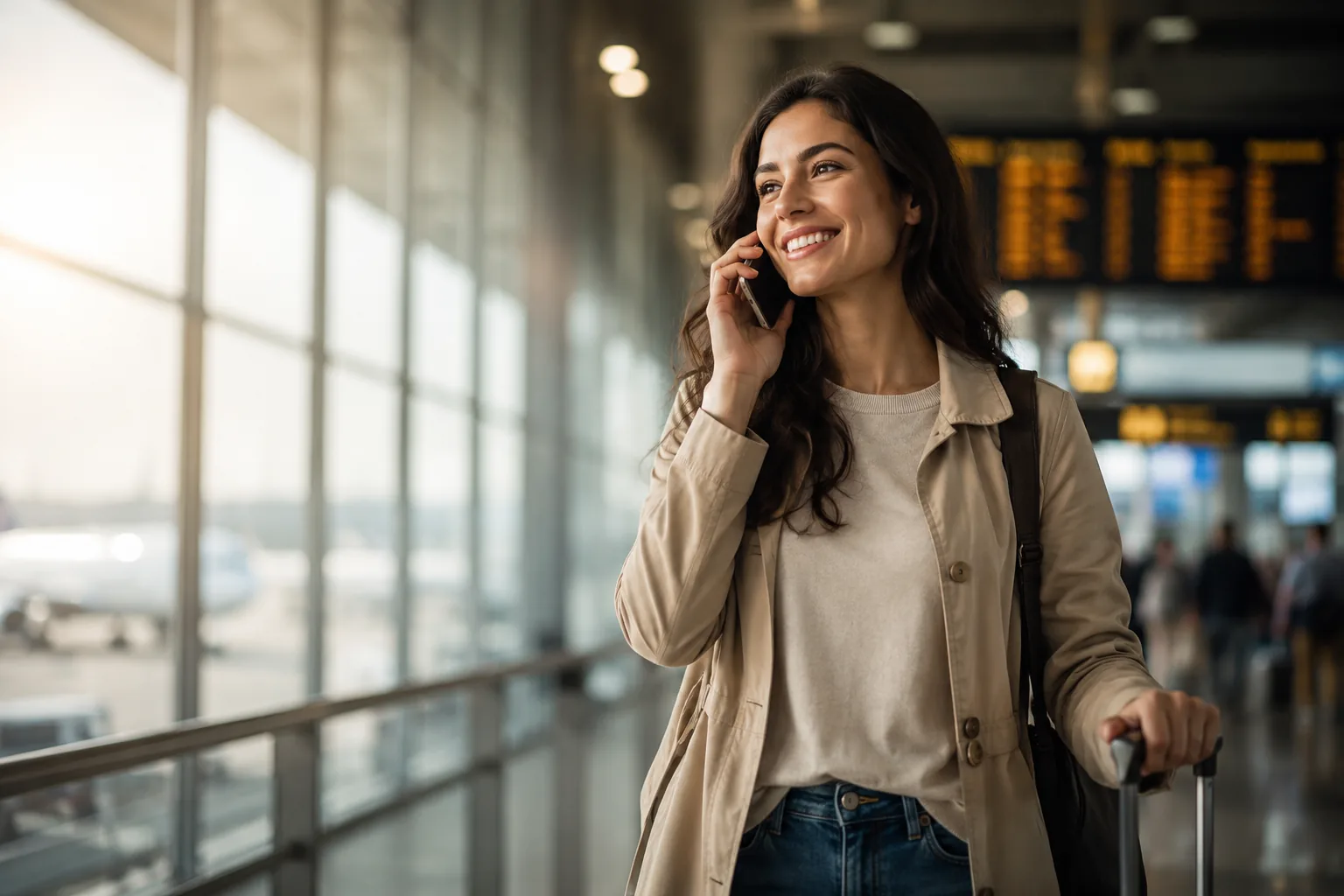 Viajante sorrindo ao telefone no aeroporto, com o painel de voos ao fundo